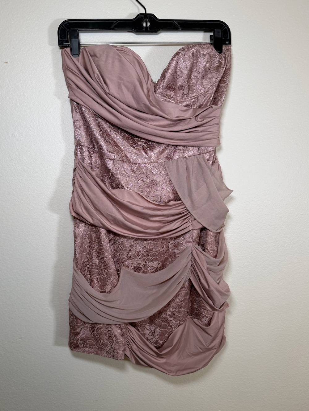 Y2K Bebe Pink Satin Lace Strapless Draped Bodycon Mini Dress Party Fairy 2010s